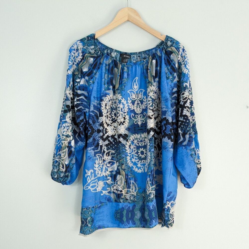 Ali Miles Top Blouse 1X Blue Cream Embroidered Long Sleeve Flowy Floral Lace